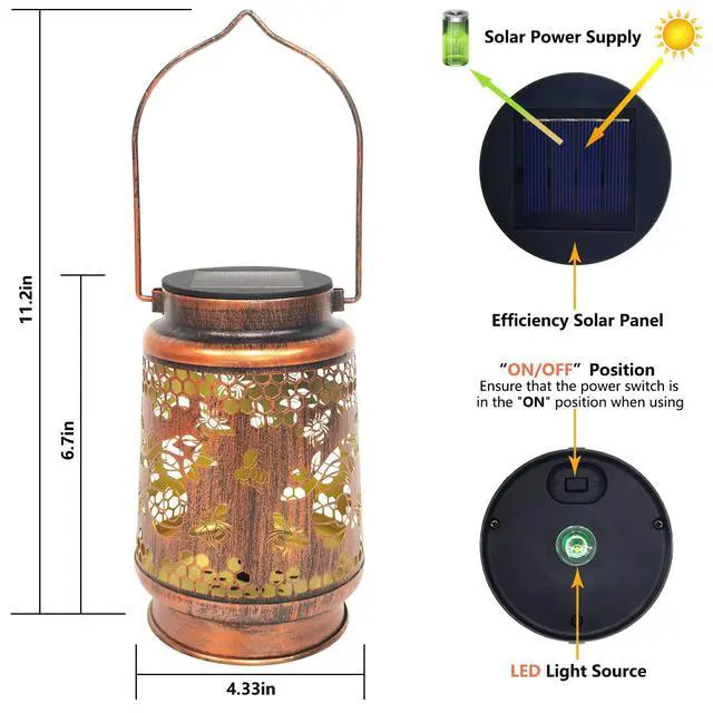 Alt view image 3 of 6 - Solar Lanterns Outdoor Hanging Honeybee Decor Lantern,Waterproof Hollow Out Retro Metal Decorative Garden Light,Graceful Decoration for Patio,Yard,Landscape,Walkway,Festival