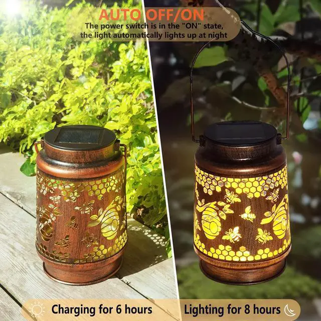 Alt view image 4 of 6 - Solar Lanterns Outdoor Hanging Honeybee Decor Lantern,Waterproof Hollow Out Retro Metal Decorative Garden Light,Graceful Decoration for Patio,Yard,Landscape,Walkway,Festival