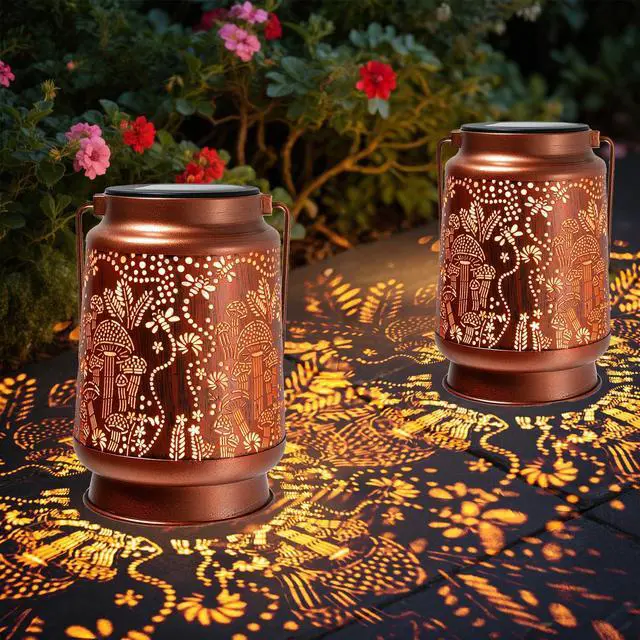 Main image of Outdoor Solar Lanterns Waterproof - Metal Hanging Solar Lights Outdoor Decorative, Solar Powered LED Lantern Lamp for Patio Yard Garden Decor for Outside (2 Pack, Mushroom Shape)