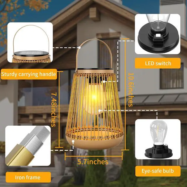 Alt view image 6 of 7 - Solar Lanterns Outdoor Waterproof, Outdoor Solar Lanterns Gifts for Women Mom Grandma, Woven Garden Decor, Rattan Lantern Decoration for Yard, Patio, Porch, Balcony, Backyard, 2 Pack