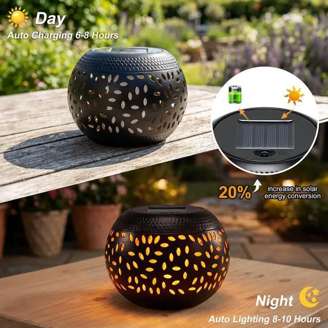 Alt view image 3 of 7 - Solar Table Lantern Outdoor Waterproof-Dancing Flickering Flame Solar Powered LED Light,Black Metal Desktop Decorative Lamp for Gifts for Women Mom Desk Patio Garden Yard Decor