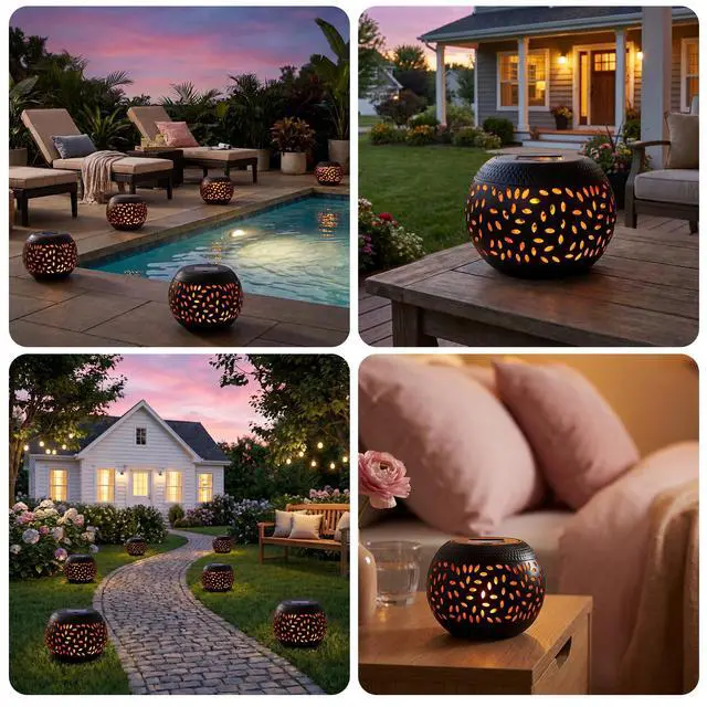 Alt view image 5 of 7 - Solar Table Lantern Outdoor Waterproof-Dancing Flickering Flame Solar Powered LED Light,Black Metal Desktop Decorative Lamp for Gifts for Women Mom Desk Patio Garden Yard Decor