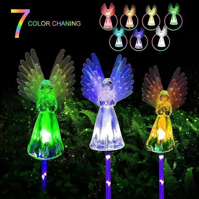 Alt view image 2 of 5 - 2 Packs of LED Solar Angel Ground Lights, Colorful Outdoor Courtyard Decoration Floor Angel Lamps, Wireless Twilight to Dawn Waterproof Garden Landscape Light.