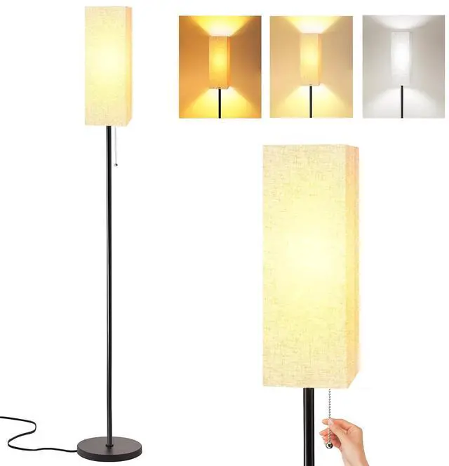 Main image of Floor Lamp for Living Room, Black Tall Standing Lamps with Pull Chain Switch, Linen Lampshade Decor for Bedroom, 3-Color Temperature E26 LED Bulb Included