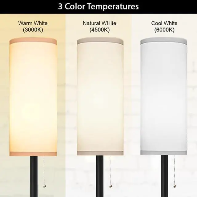 Alt view image 2 of 6 - Floor Lamp for Living Room, Black Tall Standing Lamps with Pull Chain Switch, Linen Lampshade Decor for Bedroom, 3-Color Temperature E26 LED Bulb Included