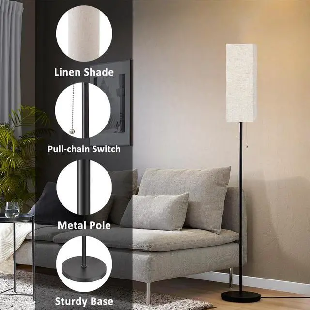 Alt view image 3 of 6 - Floor Lamp for Living Room, Black Tall Standing Lamps with Pull Chain Switch, Linen Lampshade Decor for Bedroom, 3-Color Temperature E26 LED Bulb Included