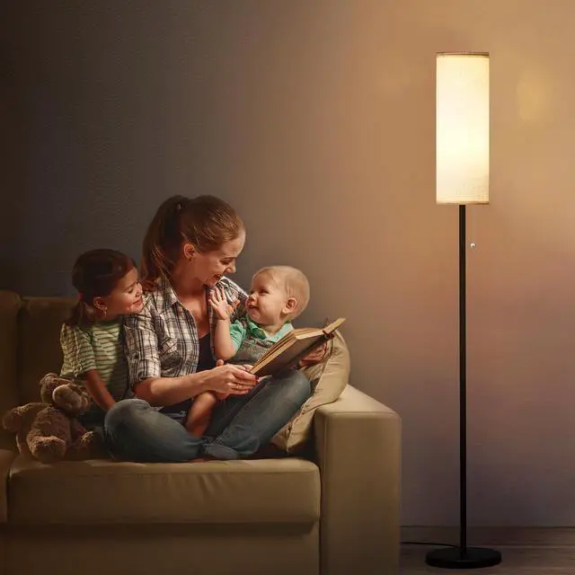 Alt view image 6 of 6 - Floor Lamp for Living Room, Black Tall Standing Lamps with Pull Chain Switch, Linen Lampshade Decor for Bedroom, 3-Color Temperature E26 LED Bulb Included
