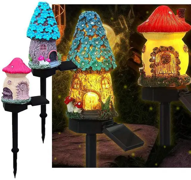 Main image of 2 Packs of Solar Powered red and Blue Mushroom House Floor Lights, Garden Decoration Resin Cute House Mushroom Lamps, Wireless Dusk to Dawn LED Lights Waterproof.