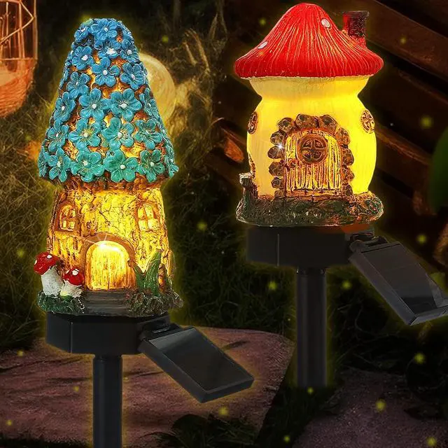 Alt view image 3 of 5 - 2 Packs of Solar Powered red and Blue Mushroom House Floor Lights, Garden Decoration Resin Cute House Mushroom Lamps, Wireless Dusk to Dawn LED Lights Waterproof.