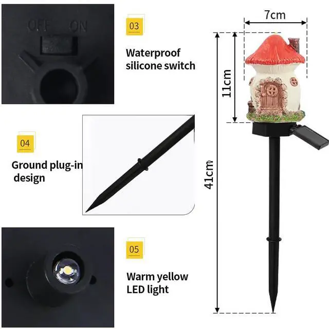 Alt view image 5 of 5 - 2 Packs of Solar Powered red and Blue Mushroom House Floor Lights, Garden Decoration Resin Cute House Mushroom Lamps, Wireless Dusk to Dawn LED Lights Waterproof.