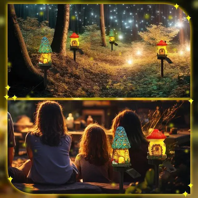 Alt view image 4 of 5 - 2 Packs of Solar Powered red and Blue Mushroom House Floor Lights, Garden Decoration Resin Cute House Mushroom Lamps, Wireless Dusk to Dawn LED Lights Waterproof.