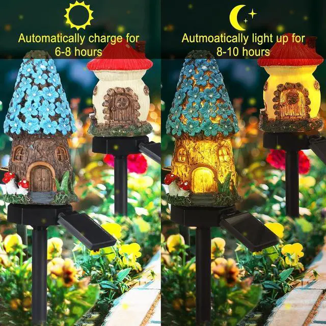 Alt view image 2 of 5 - 2 Packs of Solar Powered red and Blue Mushroom House Floor Lights, Garden Decoration Resin Cute House Mushroom Lamps, Wireless Dusk to Dawn LED Lights Waterproof.