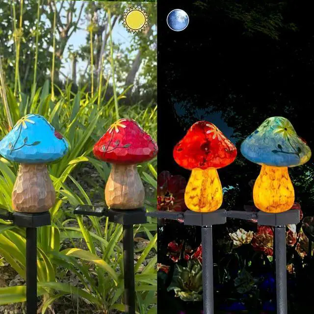 Main image of 2 Pack Solar Powered Red and Blue Mushroom Floor Lights, Garden Decorative Resin Cute Mushroom lamp, Wireless Dusk to Dawn LED Lights Waterproof.