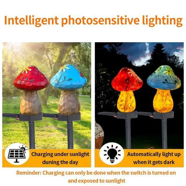 Alt view image 2 of 6 - 2 Pack Solar Powered Red and Blue Mushroom Floor Lights, Garden Decorative Resin Cute Mushroom lamp, Wireless Dusk to Dawn LED Lights Waterproof.