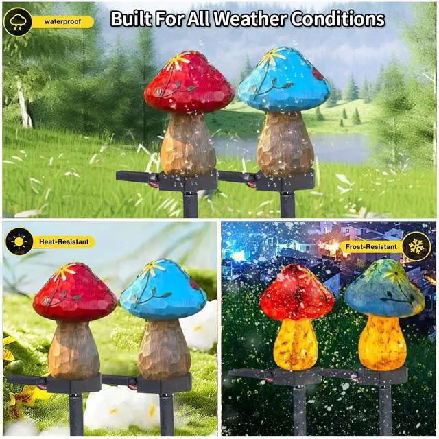 Alt view image 3 of 6 - 2 Pack Solar Powered Red and Blue Mushroom Floor Lights, Garden Decorative Resin Cute Mushroom lamp, Wireless Dusk to Dawn LED Lights Waterproof.