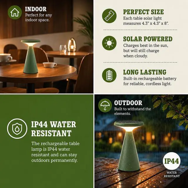 Alt view image 2 of 5 - - Portable Solar Powered Mushroom LED Table Lamp - Indoor/Outdoor Use - Stepless Dimming - Up to 45 Hour Rechargeable Battery - 1.6W, 160 lumens, 2700K - IP44 Weather Resistant - Green
