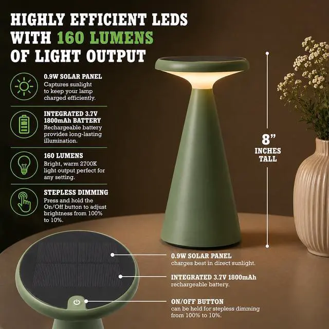 Alt view image 3 of 5 - - Portable Solar Powered Mushroom LED Table Lamp - Indoor/Outdoor Use - Stepless Dimming - Up to 45 Hour Rechargeable Battery - 1.6W, 160 lumens, 2700K - IP44 Weather Resistant - Green
