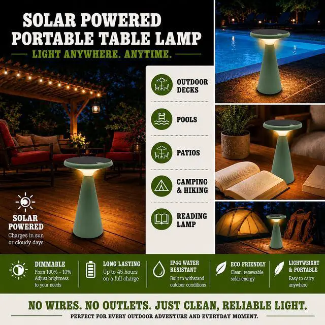 Alt view image 4 of 5 - - Portable Solar Powered Mushroom LED Table Lamp - Indoor/Outdoor Use - Stepless Dimming - Up to 45 Hour Rechargeable Battery - 1.6W, 160 lumens, 2700K - IP44 Weather Resistant - Green
