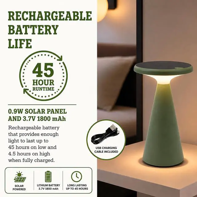 Alt view image 5 of 5 - - Portable Solar Powered Mushroom LED Table Lamp - Indoor/Outdoor Use - Stepless Dimming - Up to 45 Hour Rechargeable Battery - 1.6W, 160 lumens, 2700K - IP44 Weather Resistant - Green