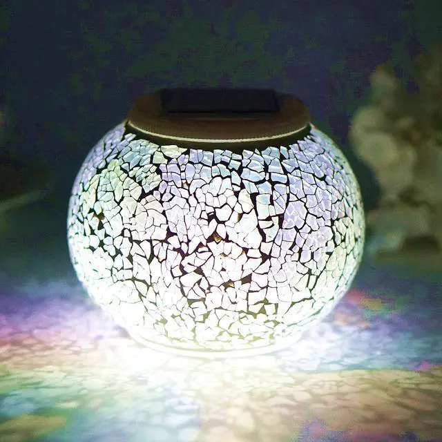 Main image of Solar Powered Color Changing Mosaic Crackle Glass Table Lamp - Waterproof LED Night Light for Bedroom, Yard, Patio, Halloween, Christmas Decorations (Crackle Glass, White)