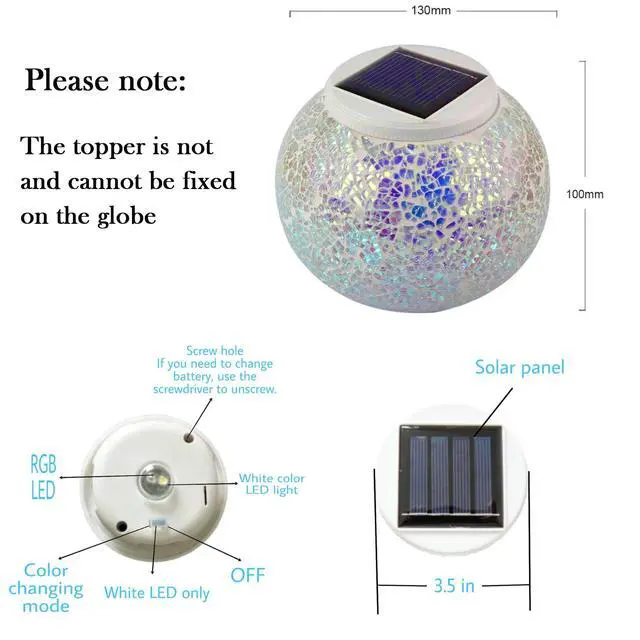 Alt view image 3 of 7 - Solar Powered Color Changing Mosaic Crackle Glass Table Lamp - Waterproof LED Night Light for Bedroom, Yard, Patio, Halloween, Christmas Decorations (Crackle Glass, White)