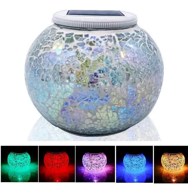 Alt view image 2 of 7 - Solar Powered Color Changing Mosaic Crackle Glass Table Lamp - Waterproof LED Night Light for Bedroom, Yard, Patio, Halloween, Christmas Decorations (Crackle Glass, White)