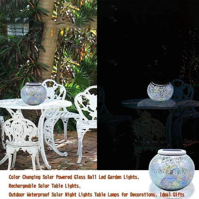 Alt view image 5 of 7 - Solar Powered Color Changing Mosaic Crackle Glass Table Lamp - Waterproof LED Night Light for Bedroom, Yard, Patio, Halloween, Christmas Decorations (Crackle Glass, White)