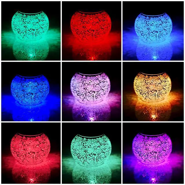 Alt view image 4 of 7 - Solar Powered Color Changing Mosaic Crackle Glass Table Lamp - Waterproof LED Night Light for Bedroom, Yard, Patio, Halloween, Christmas Decorations (Crackle Glass, White)