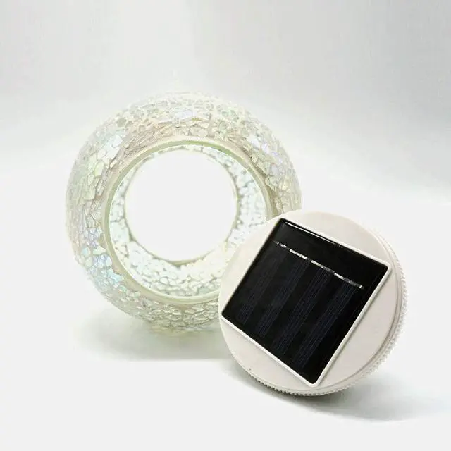 Alt view image 7 of 7 - Solar Powered Color Changing Mosaic Crackle Glass Table Lamp - Waterproof LED Night Light for Bedroom, Yard, Patio, Halloween, Christmas Decorations (Crackle Glass, White)