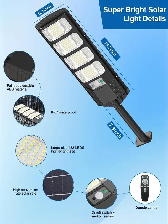 Alt view image 2 of 7 - 432LEDS Solar Street Light Outdoor IP67Waterfroof, 6500K Solar Flood Lights Outdoor Dusk to Dawn,Motion Sensor with Remote Control for Parking lot, Yard,Pathway
