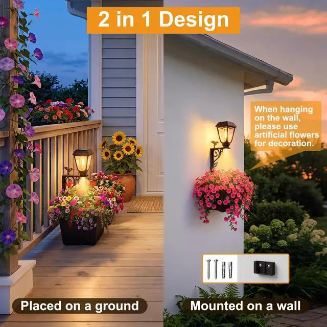 Alt view image 4 of 7 - 1 Pack 18.5" H Small Solar Lamp Post with Planter Dual-Sided Lighting, 2 in 1 Flower Pots Wall Mount/Freestanding, Waterproof Decorative Planter Lamp for Porch Garden Front Door, Warm White