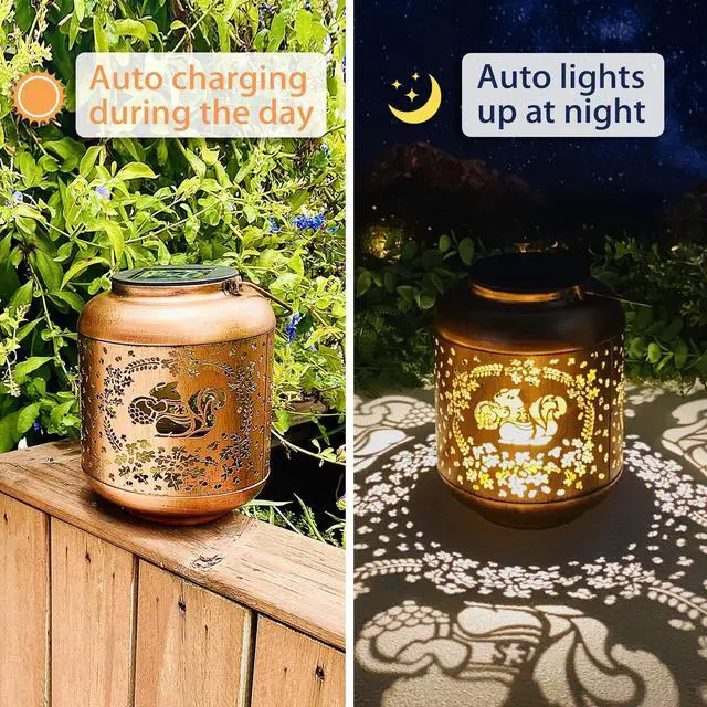 Alt view image 3 of 6 - 2 Pack Squirrel Solar Lanterns Outdoor Waterproof Hanging Solar Lights Squirrel Gifts for Women Men Metal Decorative LED Lanterns for Yard, Patio, Lawn, Tabletop, Pathway, Landscape, Garden Decor