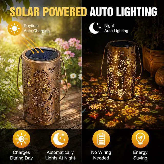 Alt view image 2 of 6 - Solar Flower Projection Lantern Outdoor Colorful Hanging Garden Light, Waterproof Metal Decorative Lamp for Patio Yard Balcony Decor, Auto On/Off Night Light