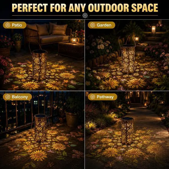 Alt view image 4 of 6 - Solar Flower Projection Lantern Outdoor Colorful Hanging Garden Light, Waterproof Metal Decorative Lamp for Patio Yard Balcony Decor, Auto On/Off Night Light