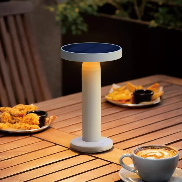 Main image of Round Solar Table Lamp Portable LED Light with USB-C Charging & Solar Panel Waterproof, Stepless Dimming for Outdoor/Indoor Use Sand, 1 Pack