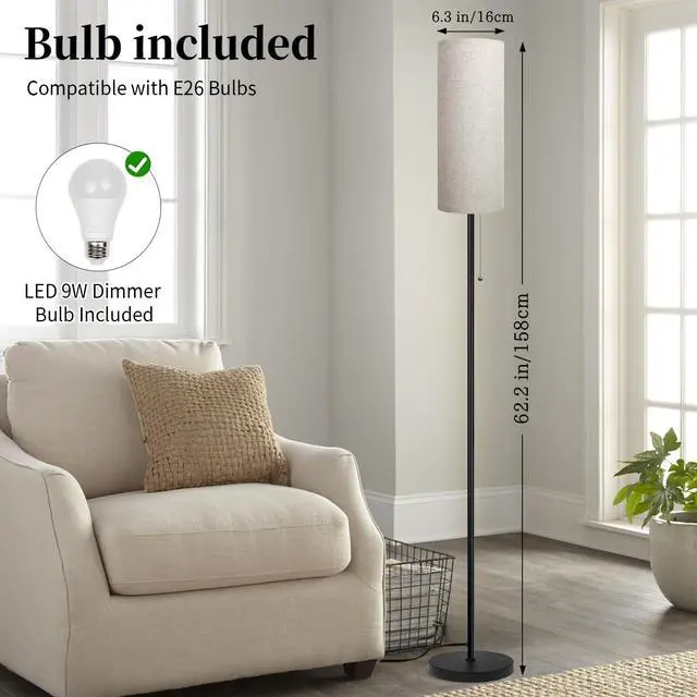 Alt view image 4 of 7 - Floor Lamp for Living Room, Modern Standing Lamps with Lampshade, Minimalist Tall Lamp with Chain Switch for Living Room, LED Bulb Included (Beige Shade)