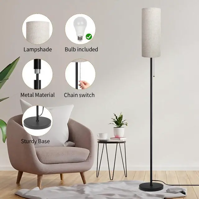 Alt view image 5 of 7 - Floor Lamp for Living Room, Modern Standing Lamps with Lampshade, Minimalist Tall Lamp with Chain Switch for Living Room, LED Bulb Included (Beige Shade)