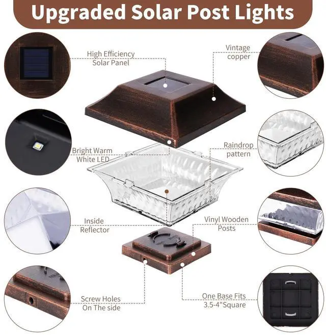 Alt view image 4 of 6 - Solar Post Cap Lights Outdoor 4x4 LED Solar Garden Lighting Deck Fence Cap Light Wooden Post Brushed Copper 4 Pack