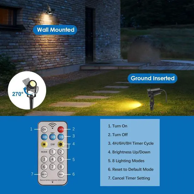 Alt view image 5 of 7 - Solar Spot Lights Outdoor 4-in-1 Solar Powered Spotlights IP65 Waterproof with Remote 29.5ft Cable Auto On/Off 8 Modes Solar Uplights Outdoor for Garden Yard Landscape Tree 2700K Warm White