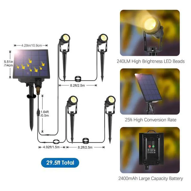 Alt view image 7 of 7 - Solar Spot Lights Outdoor 4-in-1 Solar Powered Spotlights IP65 Waterproof with Remote 29.5ft Cable Auto On/Off 8 Modes Solar Uplights Outdoor for Garden Yard Landscape Tree 2700K Warm White