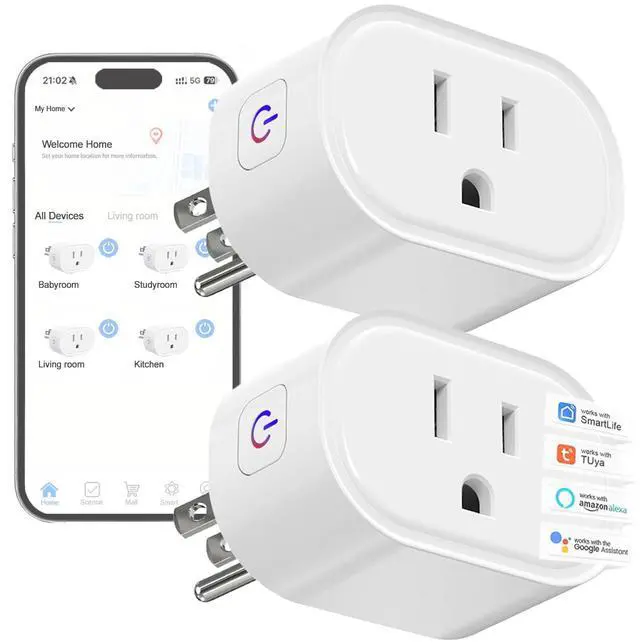 Main image of Smart Home Plug, 2.4GHz WiFi Smart Socket, Works with Alexa & Google Assistant, 10A Mini Smart Outlet, APP Timer, Countdown & Group Control, No Hub Needed, ETL FCC RoHS Certified, White,2 Pack