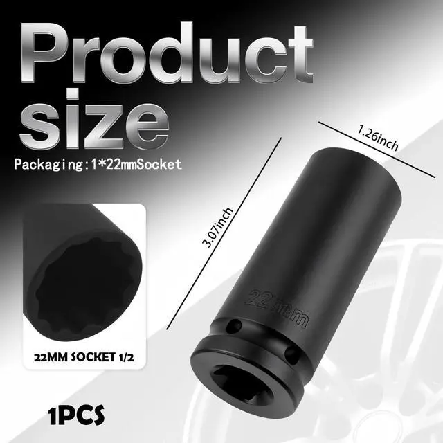 Alt view image 2 of 7 - 22mm Socket 1/2" Drive,12-Point Impact Socket for Axle Nut & Hub Lock Nut Removal,High Torque 22mm 12 Point Axle Nuts Sockets Car Tools for Impact Wrench Ratchet