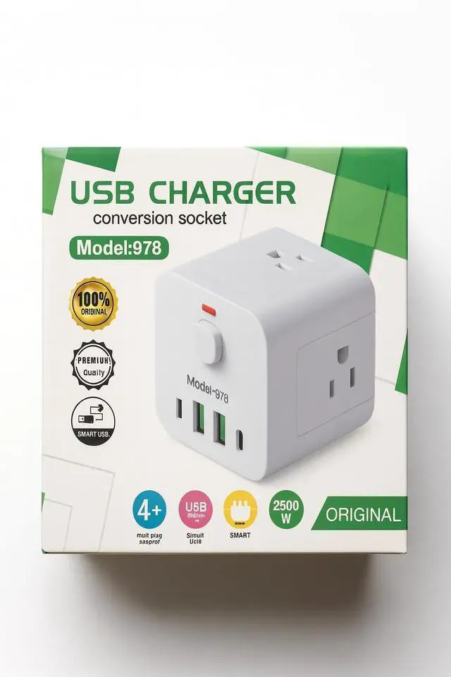 Main image of USB Charger Conversion Socket with Smart Charging, Model 978, 2500W Multi Plug Adapter with AC Outlets and USB Ports