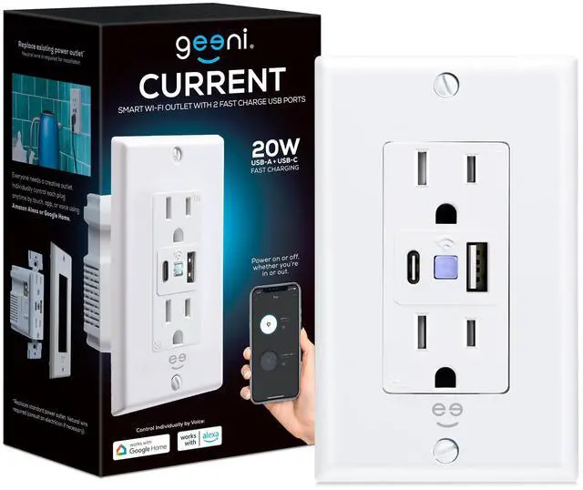 Main image of Current Smart Wi-Fi Outlet with 2 Fast Charge USB Ports (20W USB-C PD & Quick Charge USB-A), Voice Control, No Hub Required, Compatible with Alexa & Google Home