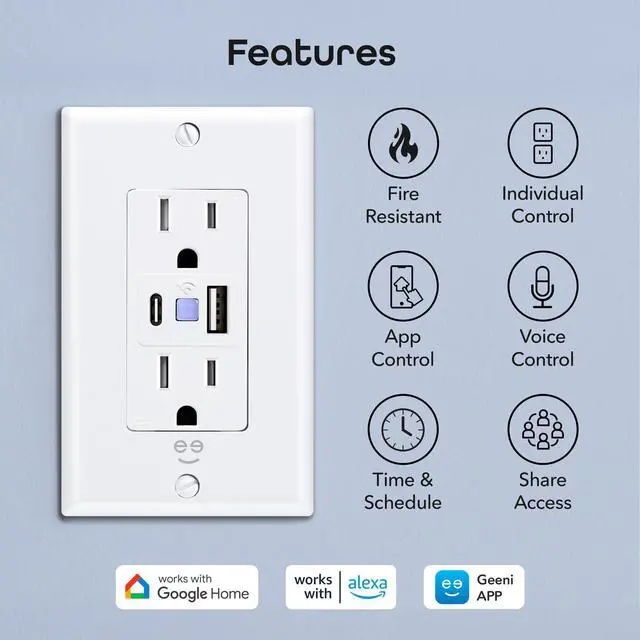 Alt view image 2 of 7 - Current Smart Wi-Fi Outlet with 2 Fast Charge USB Ports (20W USB-C PD & Quick Charge USB-A), Voice Control, No Hub Required, Compatible with Alexa & Google Home