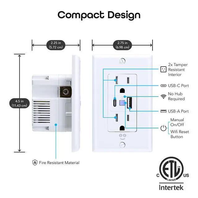 Alt view image 7 of 7 - Current Smart Wi-Fi Outlet with 2 Fast Charge USB Ports (20W USB-C PD & Quick Charge USB-A), Voice Control, No Hub Required, Compatible with Alexa & Google Home