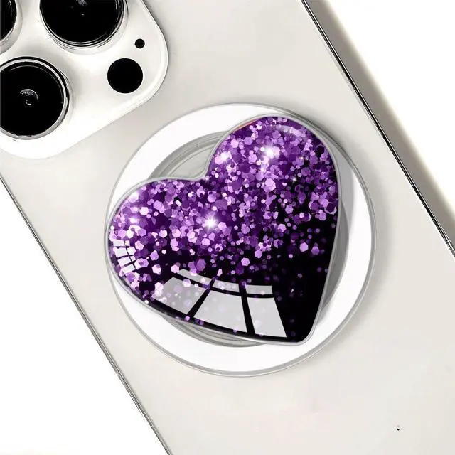 Main image of Compatible with Magsafe Clear Heart Shape Black Purple Collapsible Mobile Phone Grip Magnetic Stand Holder for Smartphone and Tablet Cell Phone Accessory