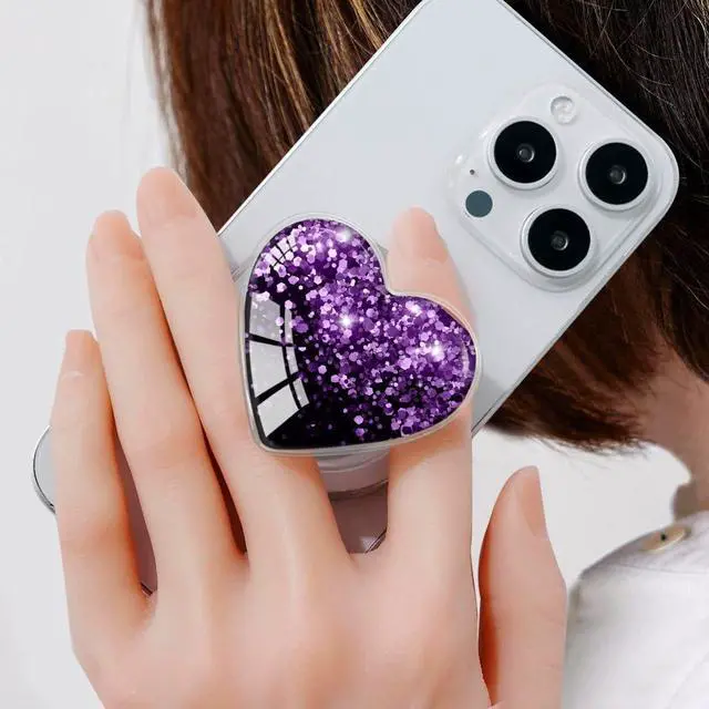 Alt view image 3 of 7 - Compatible with Magsafe Clear Heart Shape Black Purple Collapsible Mobile Phone Grip Magnetic Stand Holder for Smartphone and Tablet Cell Phone Accessory