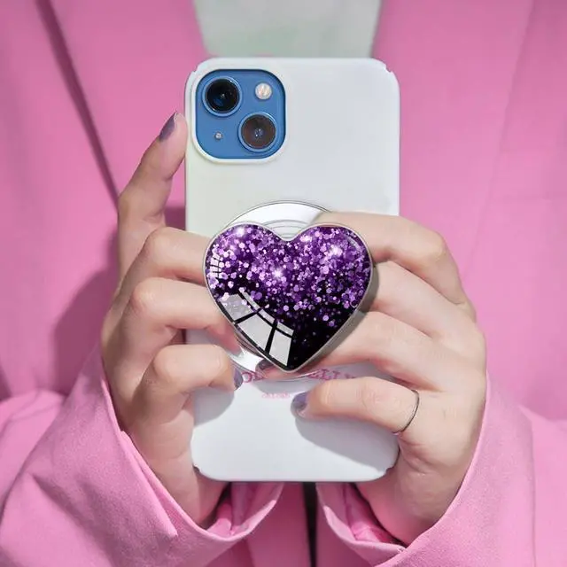 Alt view image 5 of 7 - Compatible with Magsafe Clear Heart Shape Black Purple Collapsible Mobile Phone Grip Magnetic Stand Holder for Smartphone and Tablet Cell Phone Accessory