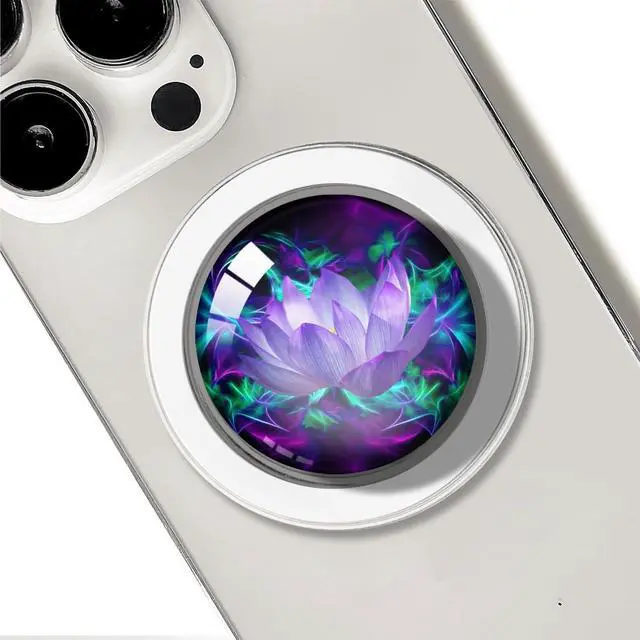 Main image of Clear Glitter Purple Lotus Flower Design Magnetic Type Expandible Collapsible Mobile Phone Grip Cell Phone Stand Holder for Smartphones Cellphone Accessory